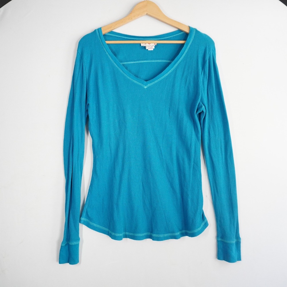 Y2K OP Long Sleeve V-Neck Waffle Knit Top Blue Women S/ Kids XL Organic Cotton